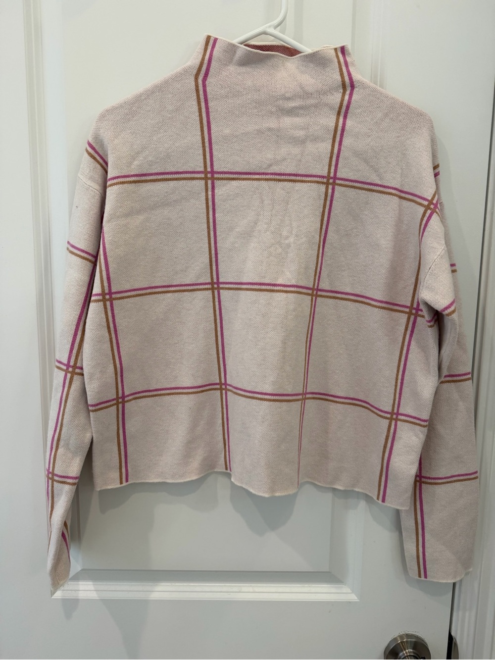 Tahari Cream Plaid Cowl Neck Sweater with Pink and Brown Trim